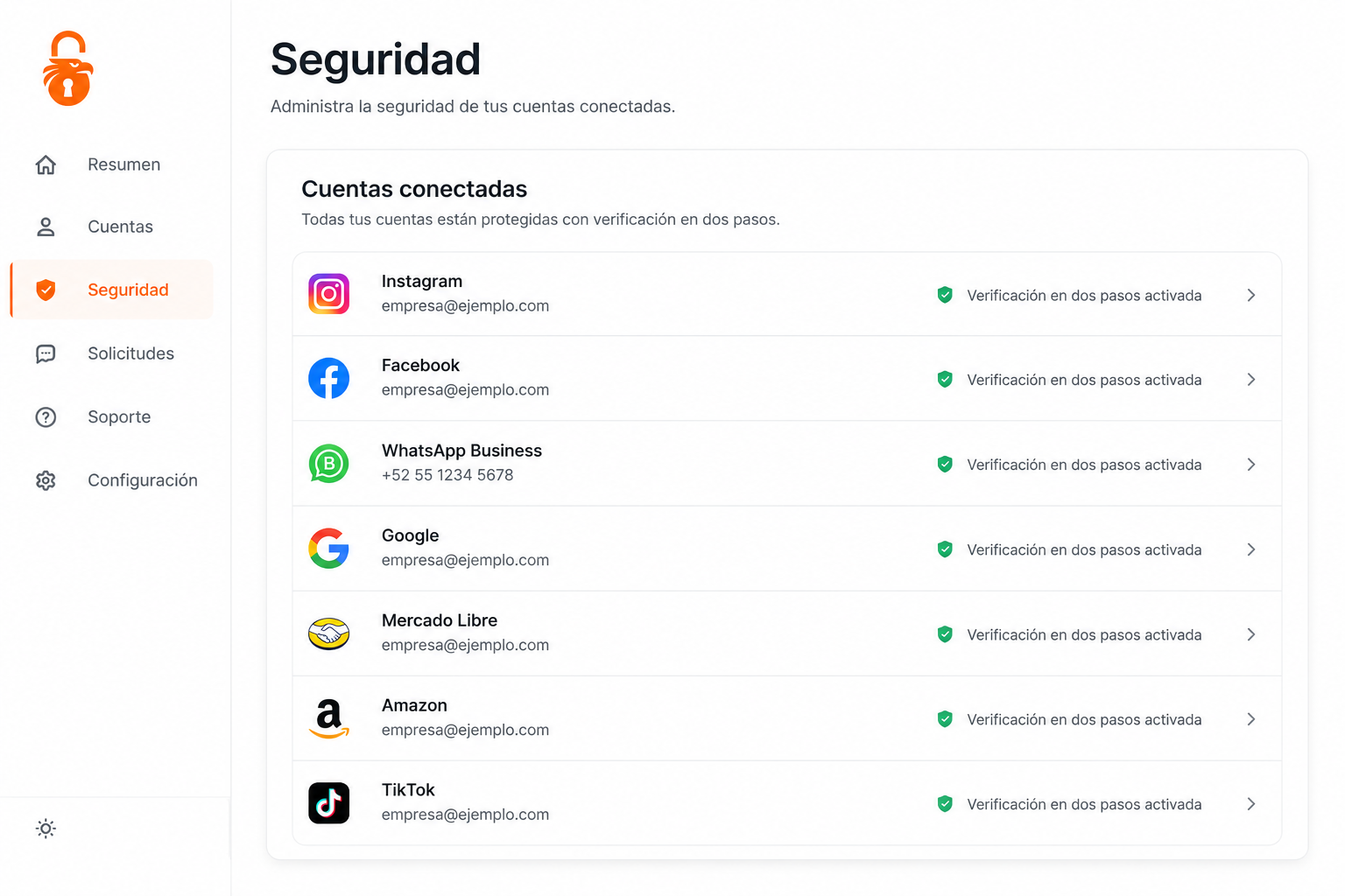 Captura de pantalla de un panel de seguridad mostrando cuentas con verificación en dos pasos activada