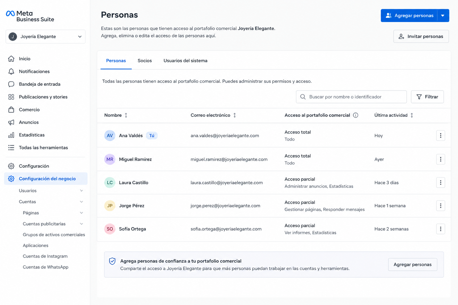 Captura de pantalla de la sección Personas en Meta Business Suite con la lista de administradores