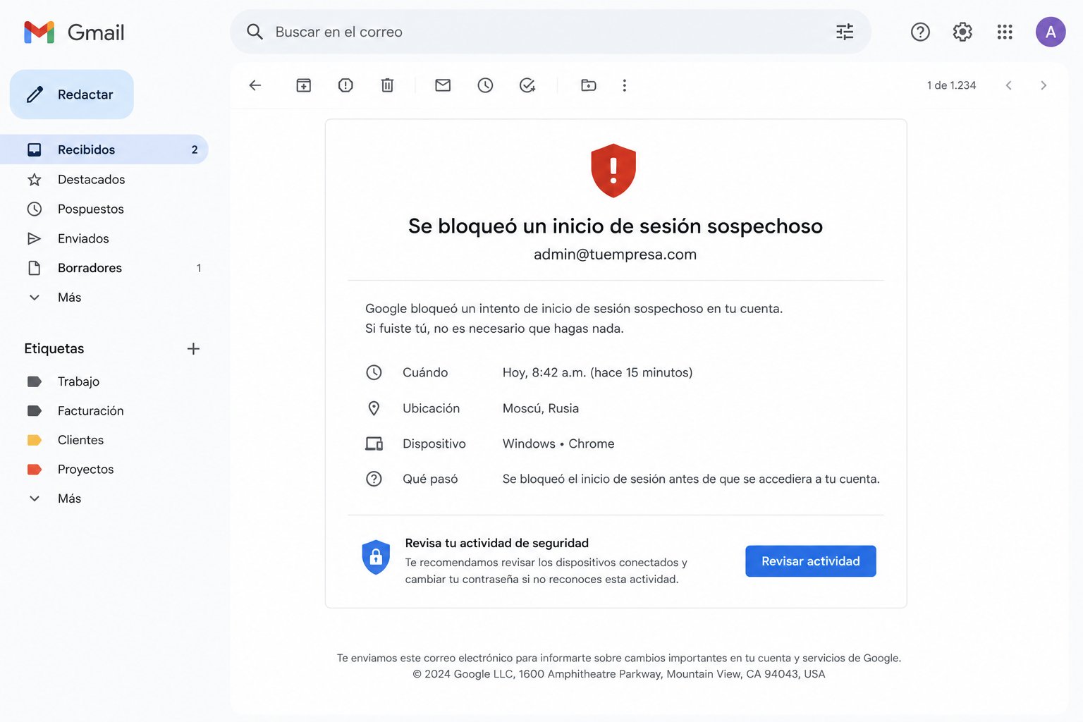 Captura de pantalla de una alerta de inicio de sesión sospechoso en una cuenta de correo corporativo