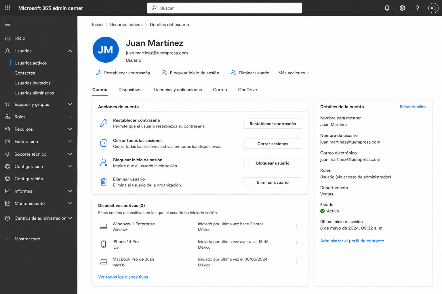 Captura de pantalla del centro de administración mostrando la opción de restablecer contraseña y cerrar sesiones