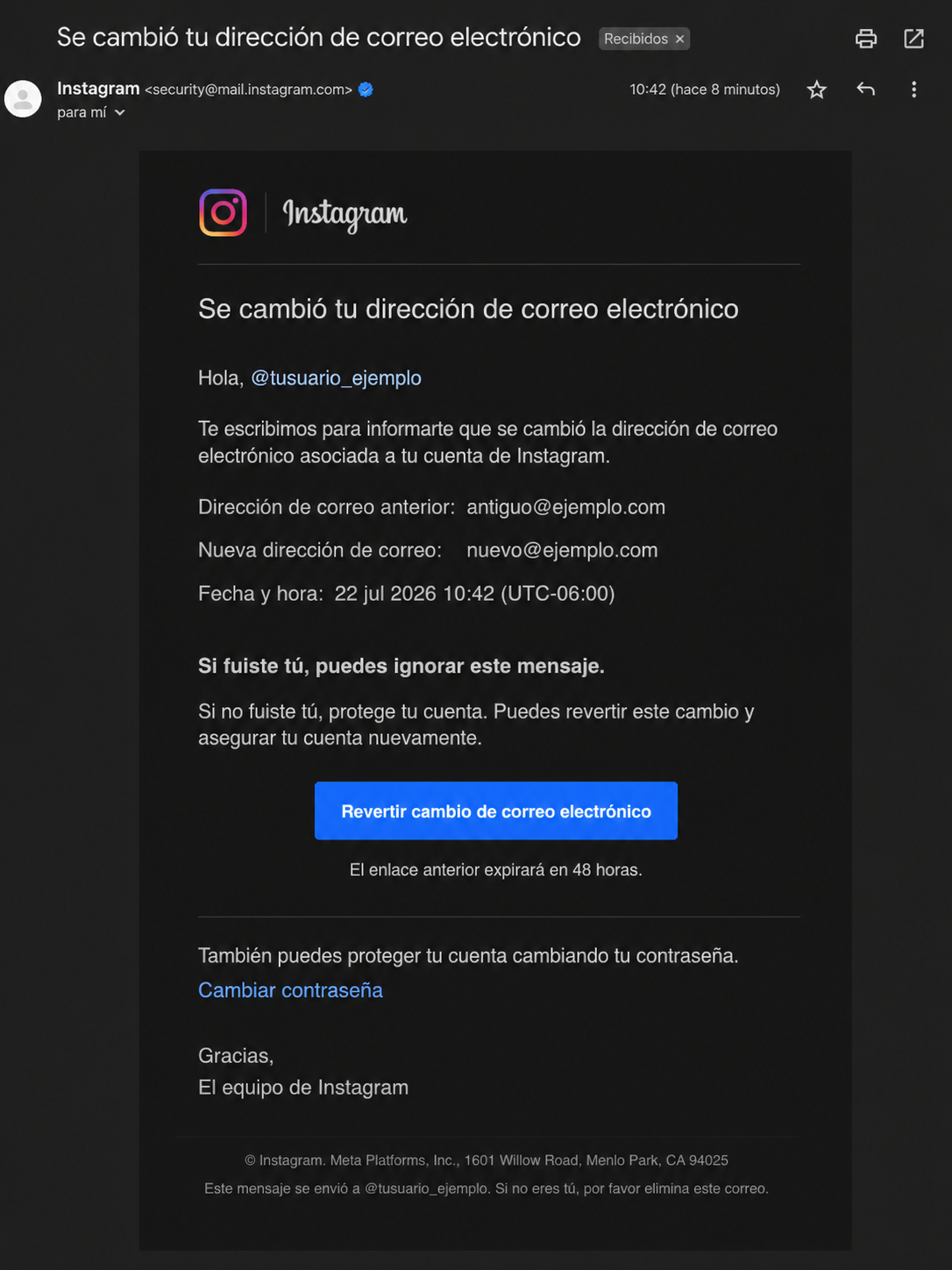 Captura de pantalla del correo de Instagram avisando un cambio de dirección de correo con el enlace para revertirlo