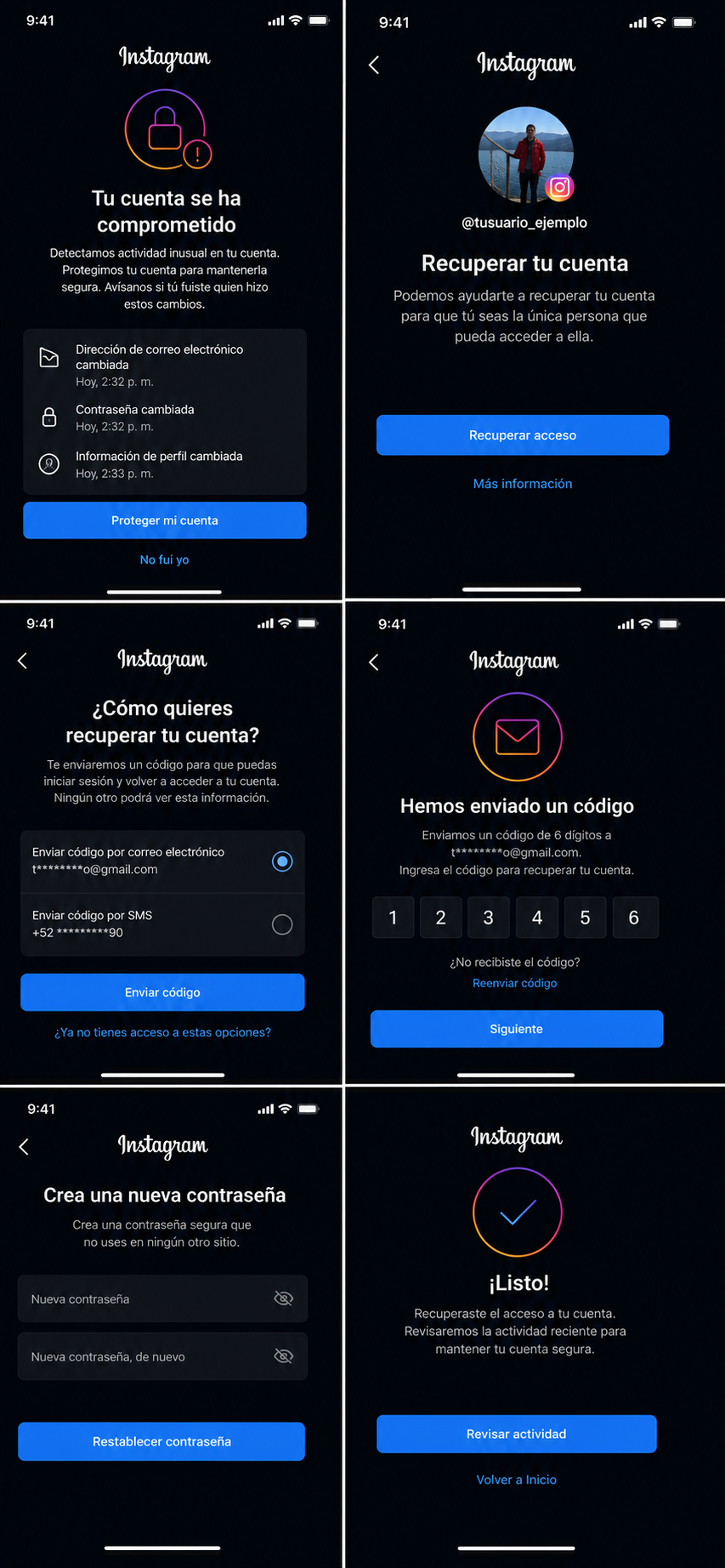 Captura de pantalla del flujo de cuenta hackeada de Instagram con la opción de recuperar acceso