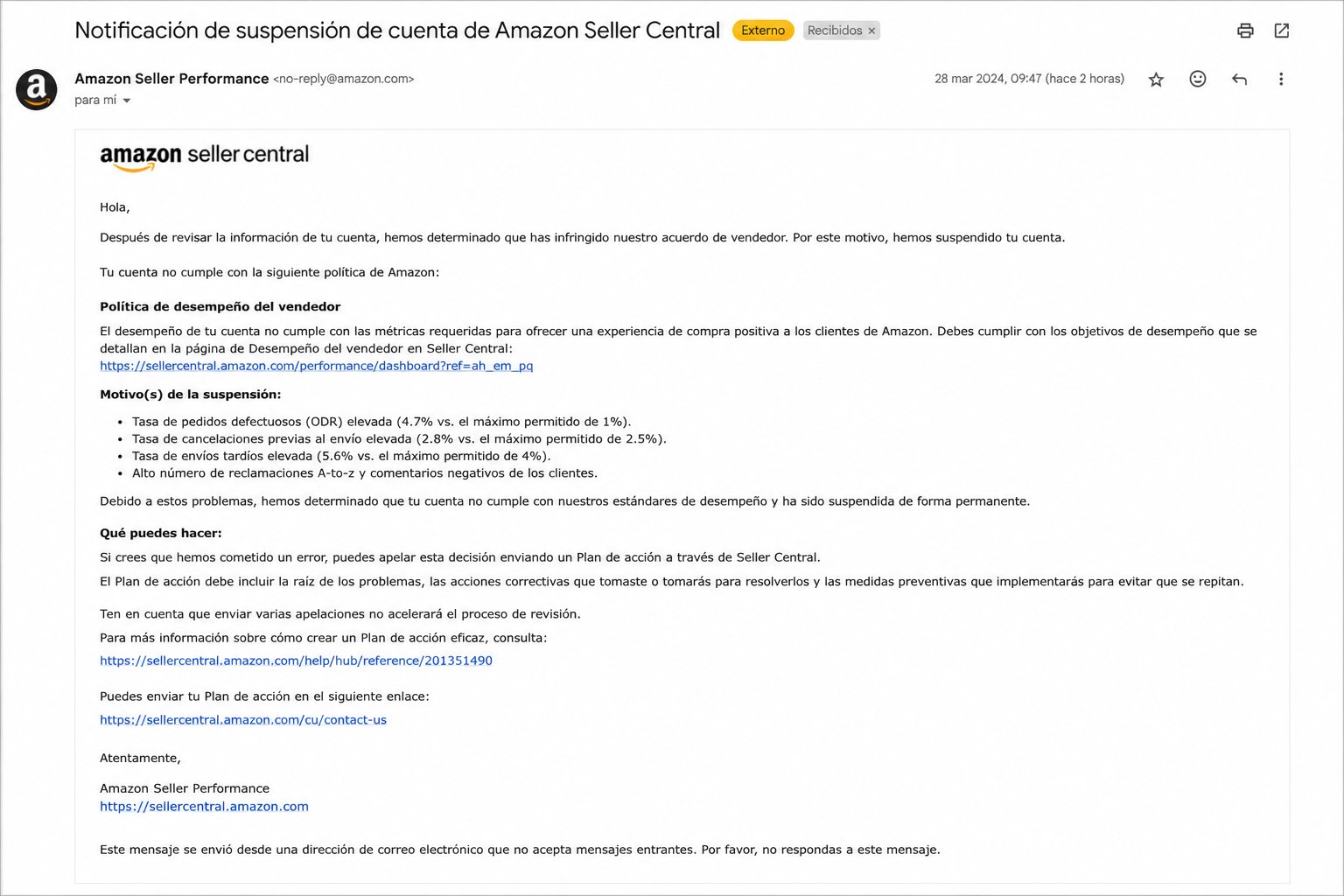 Captura de pantalla del correo de suspensión de Amazon Seller Central indicando el motivo