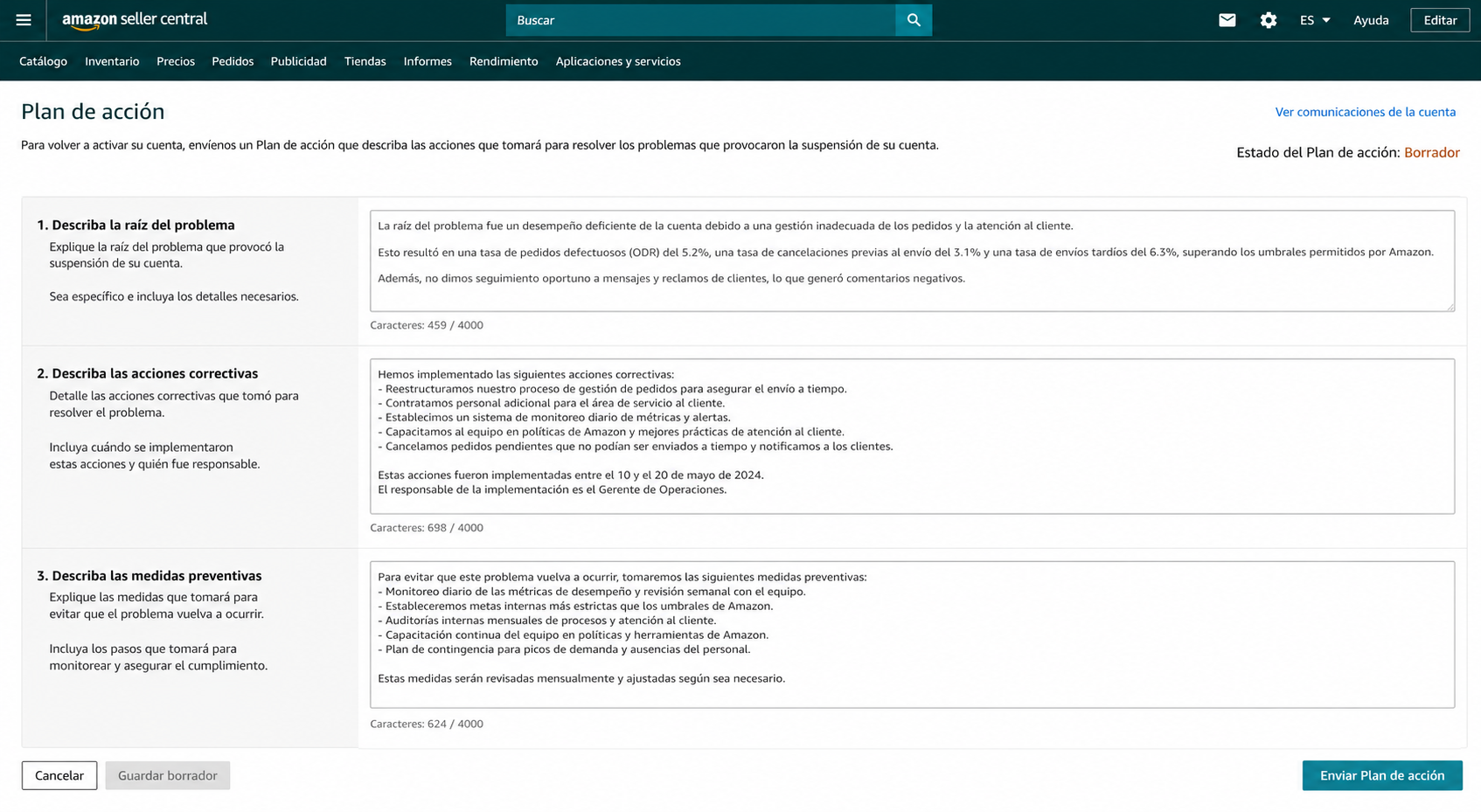 Captura de pantalla de un Plan de Acción estructurado en tres secciones dentro de Seller Central