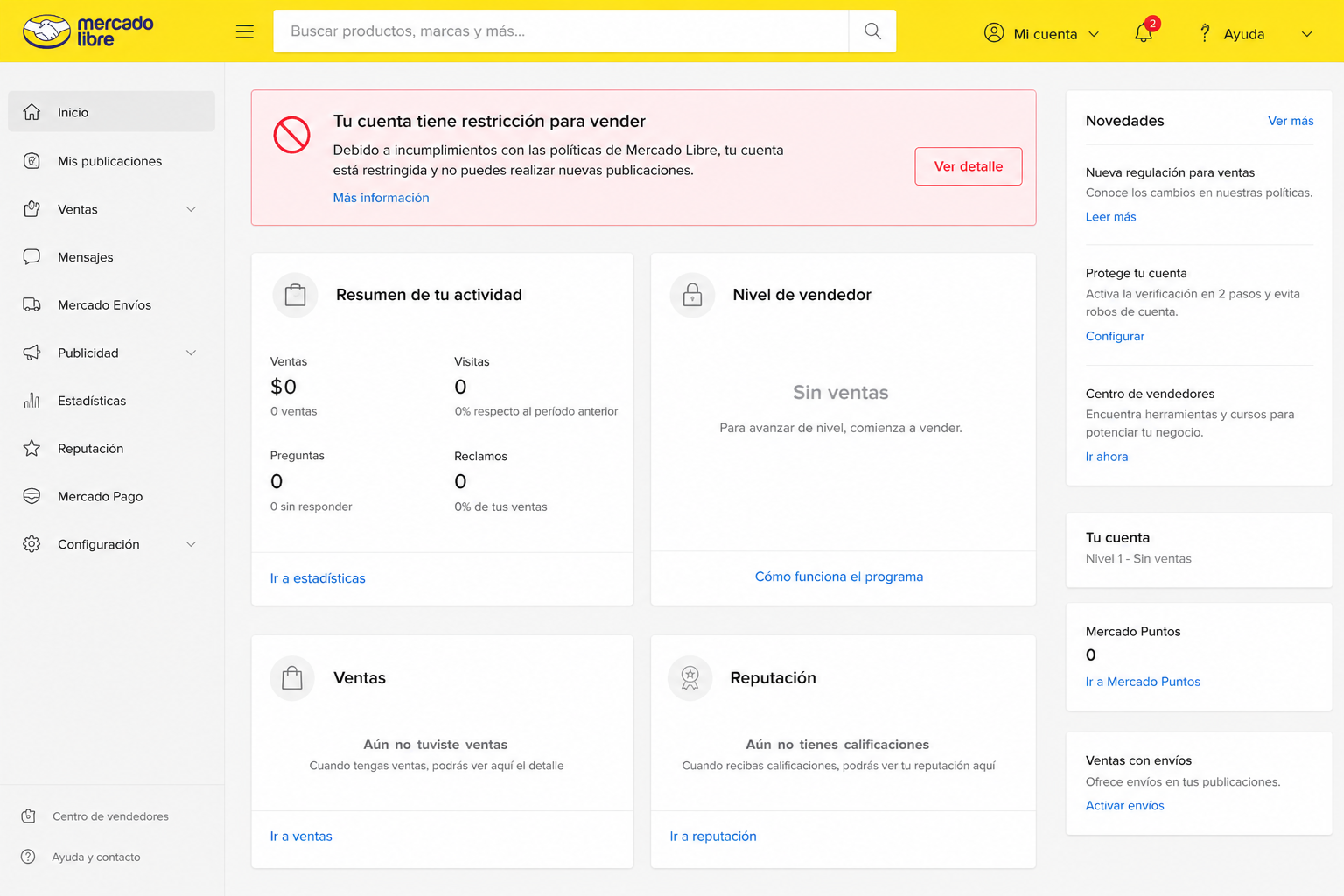 Captura de pantalla del panel de Mercado Libre mostrando la cuenta con restricción de ventas