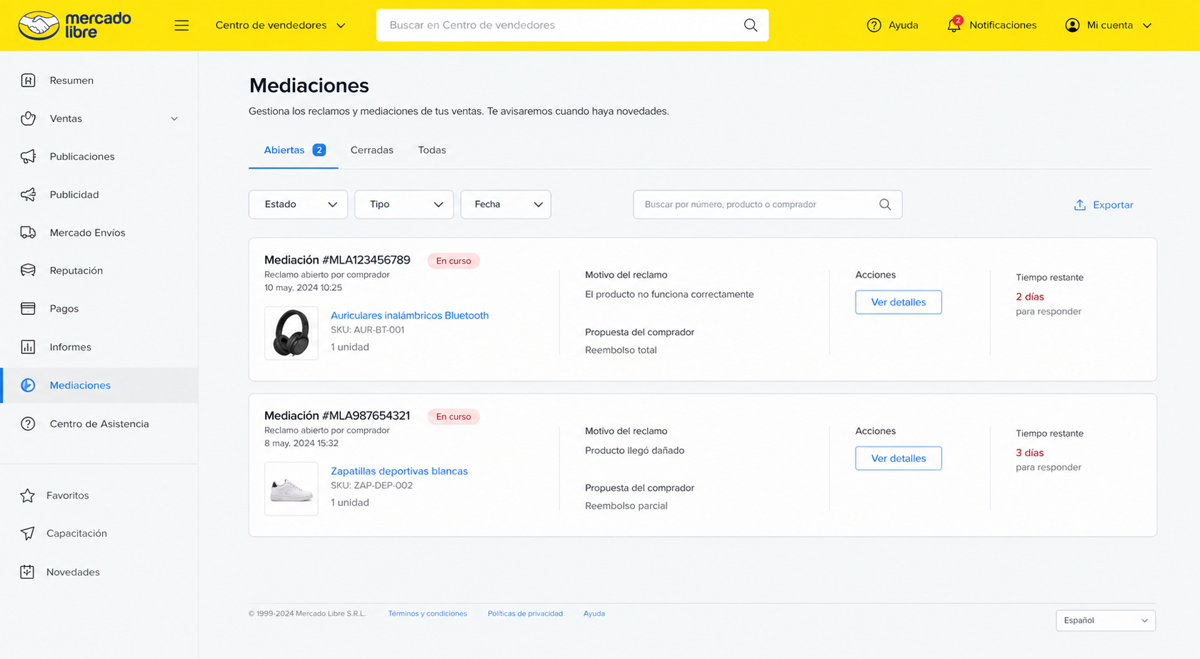 Captura de pantalla del centro de vendedores de Mercado Libre con la sección de mediaciones