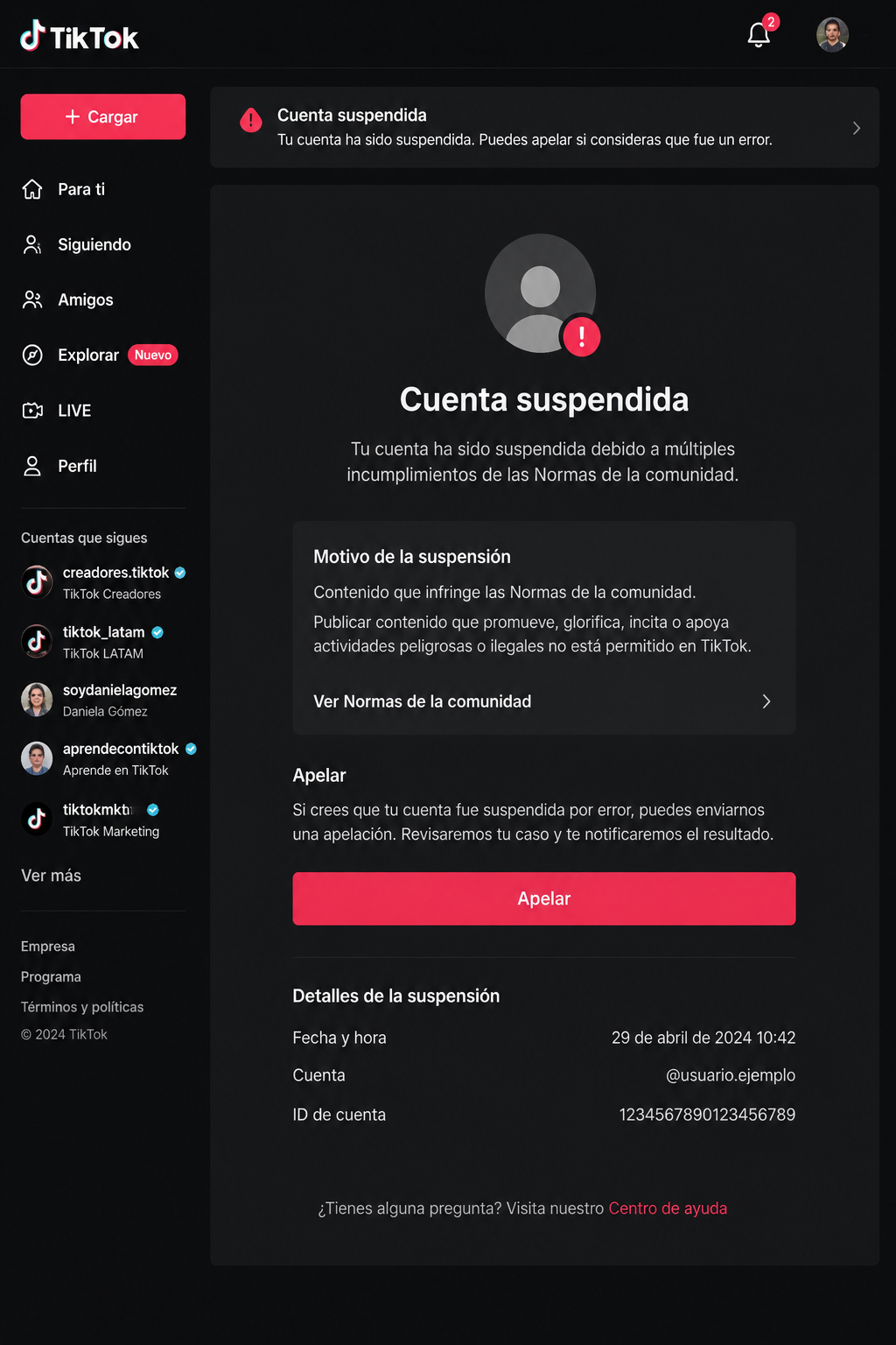 Captura de pantalla del aviso de cuenta suspendida en TikTok con la opción de apelar