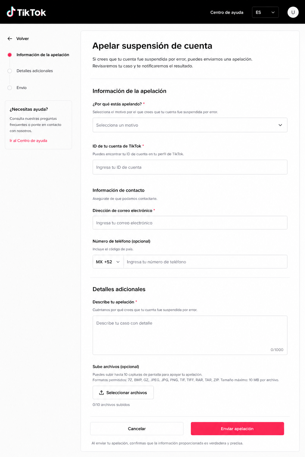 Captura de pantalla del formulario de apelación de TikTok en español