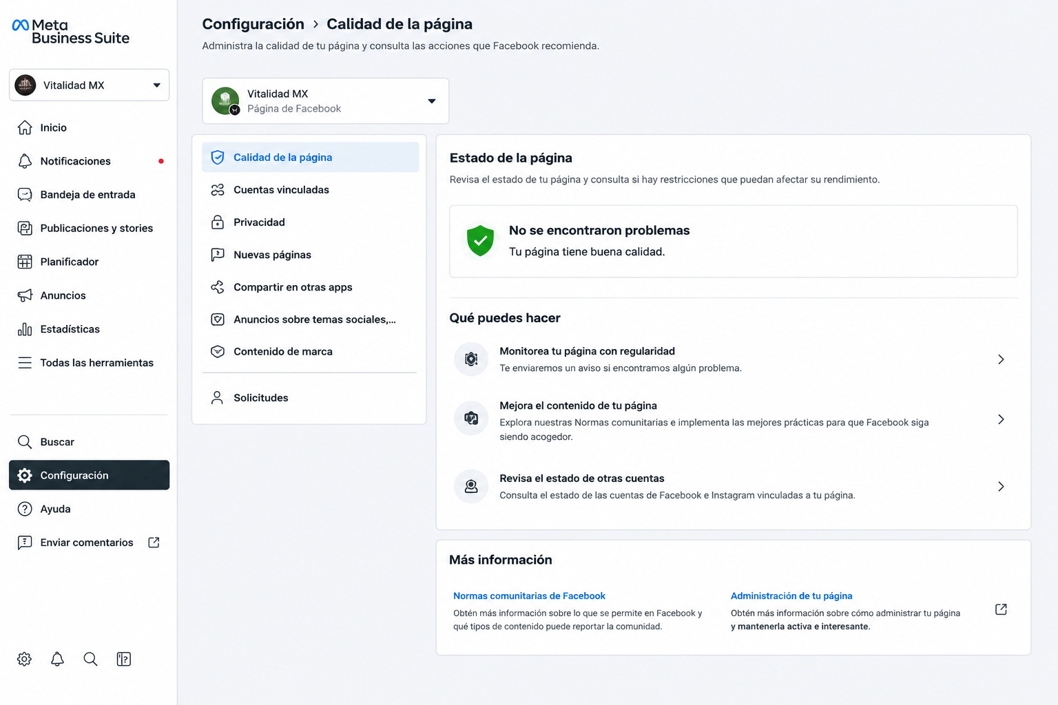 Captura de pantalla de la sección Calidad de la página en Meta Business Suite
