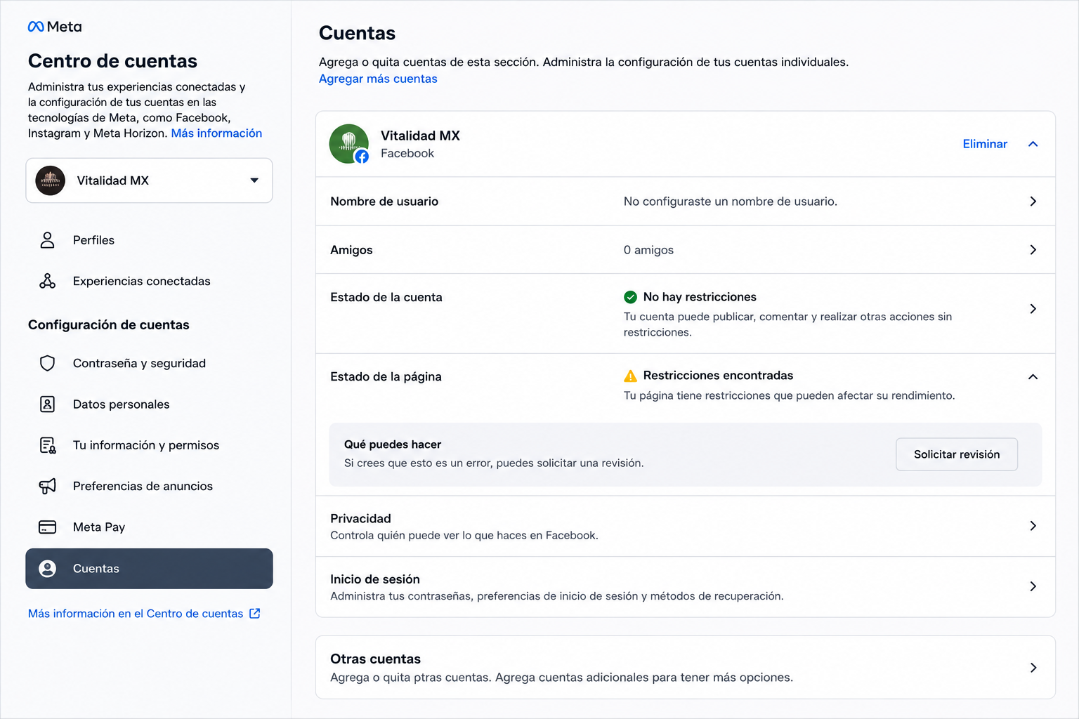 Captura de pantalla del Centro de cuentas de Meta con la opción de solicitar revisión de la página