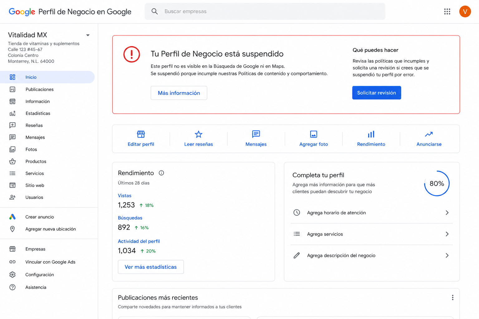Captura de pantalla del panel de Google Business Profile mostrando el estado suspendido