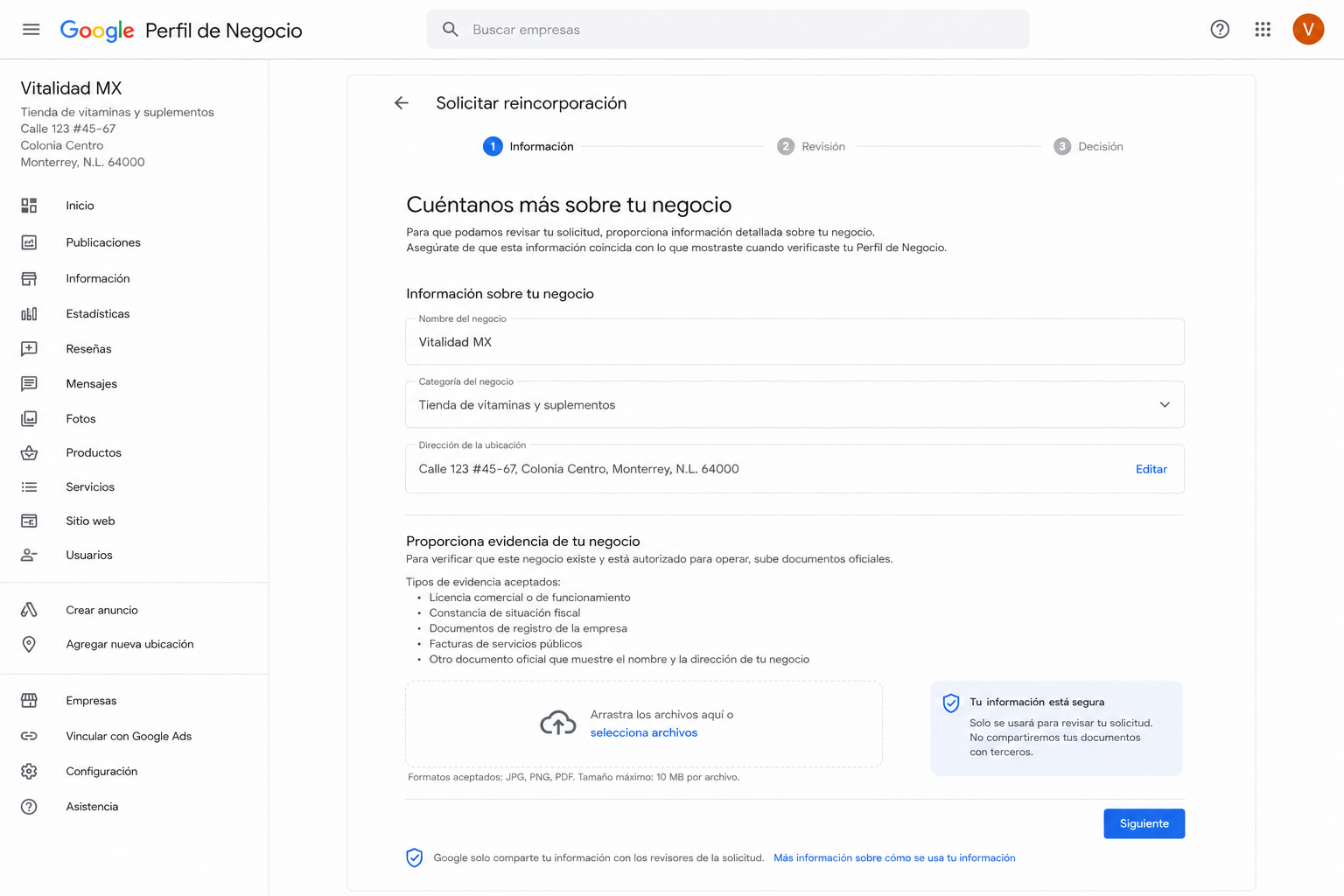 Captura de pantalla del formulario de reincorporación de Google pidiendo evidencia del negocio