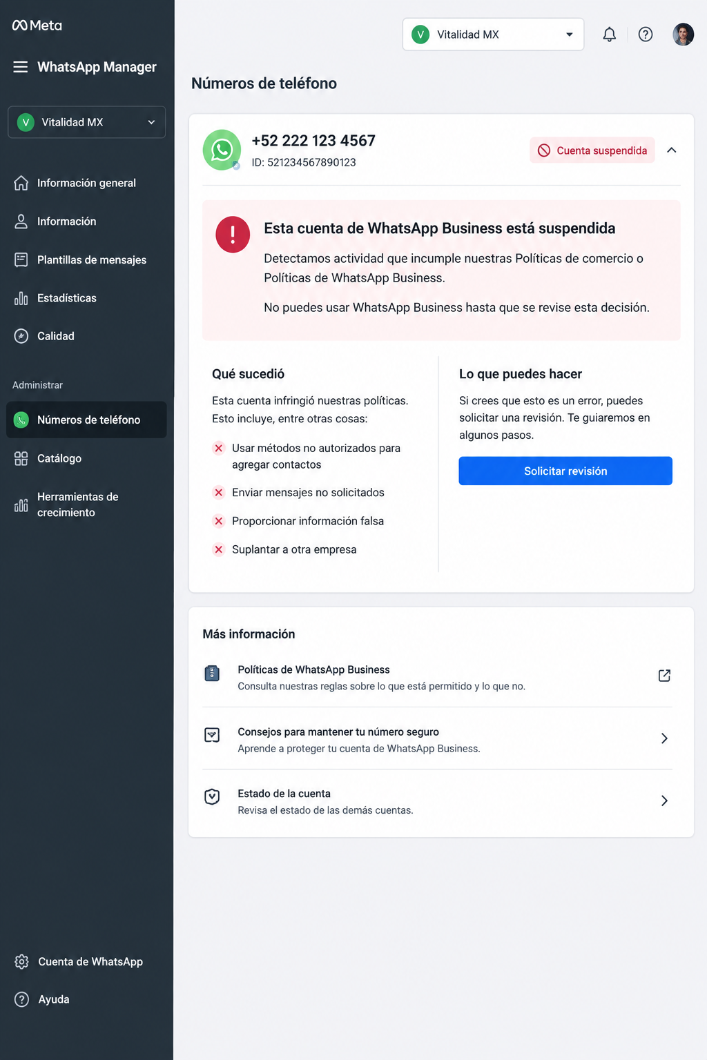 Captura de pantalla del aviso de suspensión de WhatsApp Business con el botón Solicitar revisión