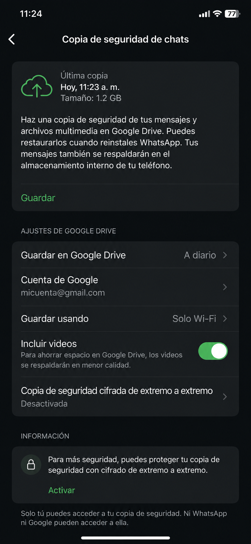 Captura de pantalla de la pantalla de copia de seguridad de chats en WhatsApp