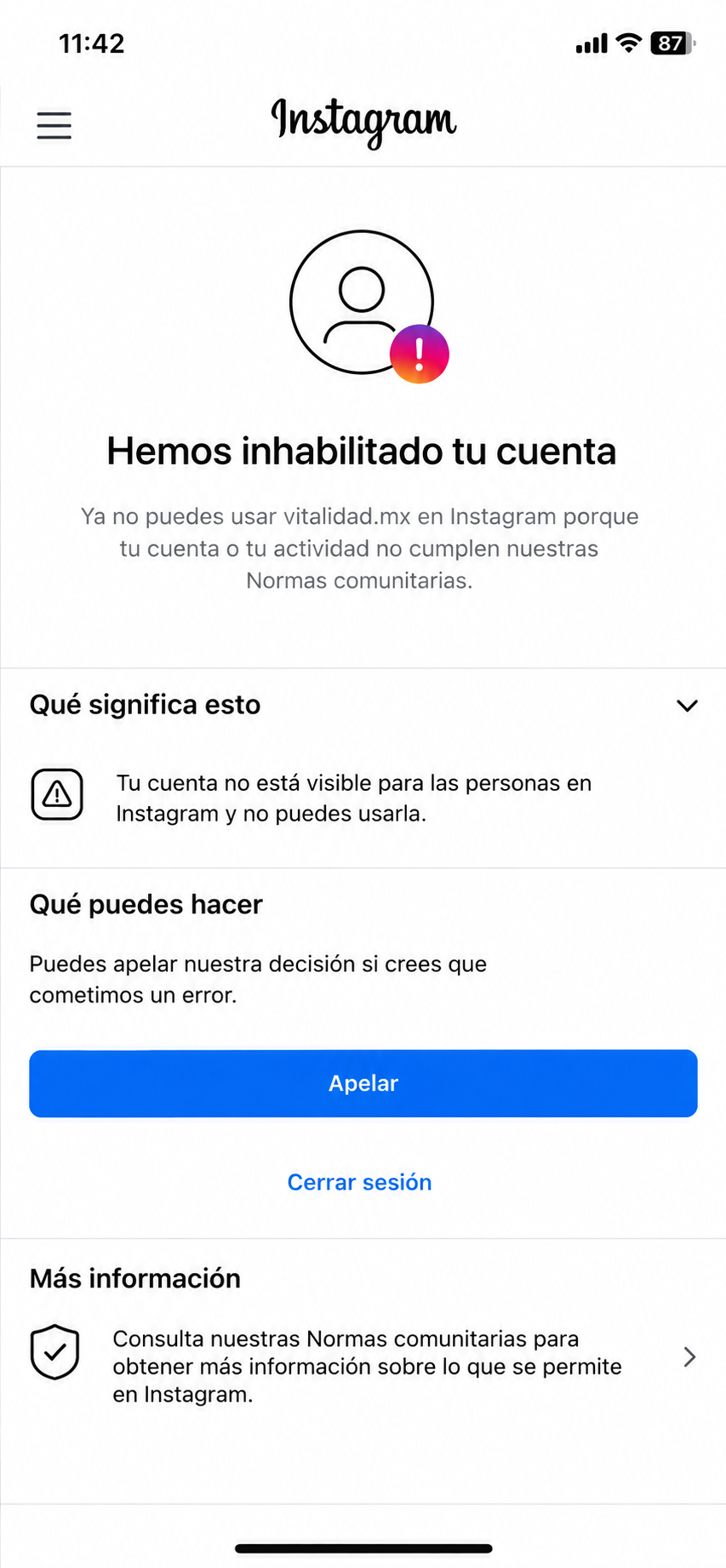 Captura de pantalla del mensaje de cuenta inhabilitada de Instagram con el botón de apelar visible