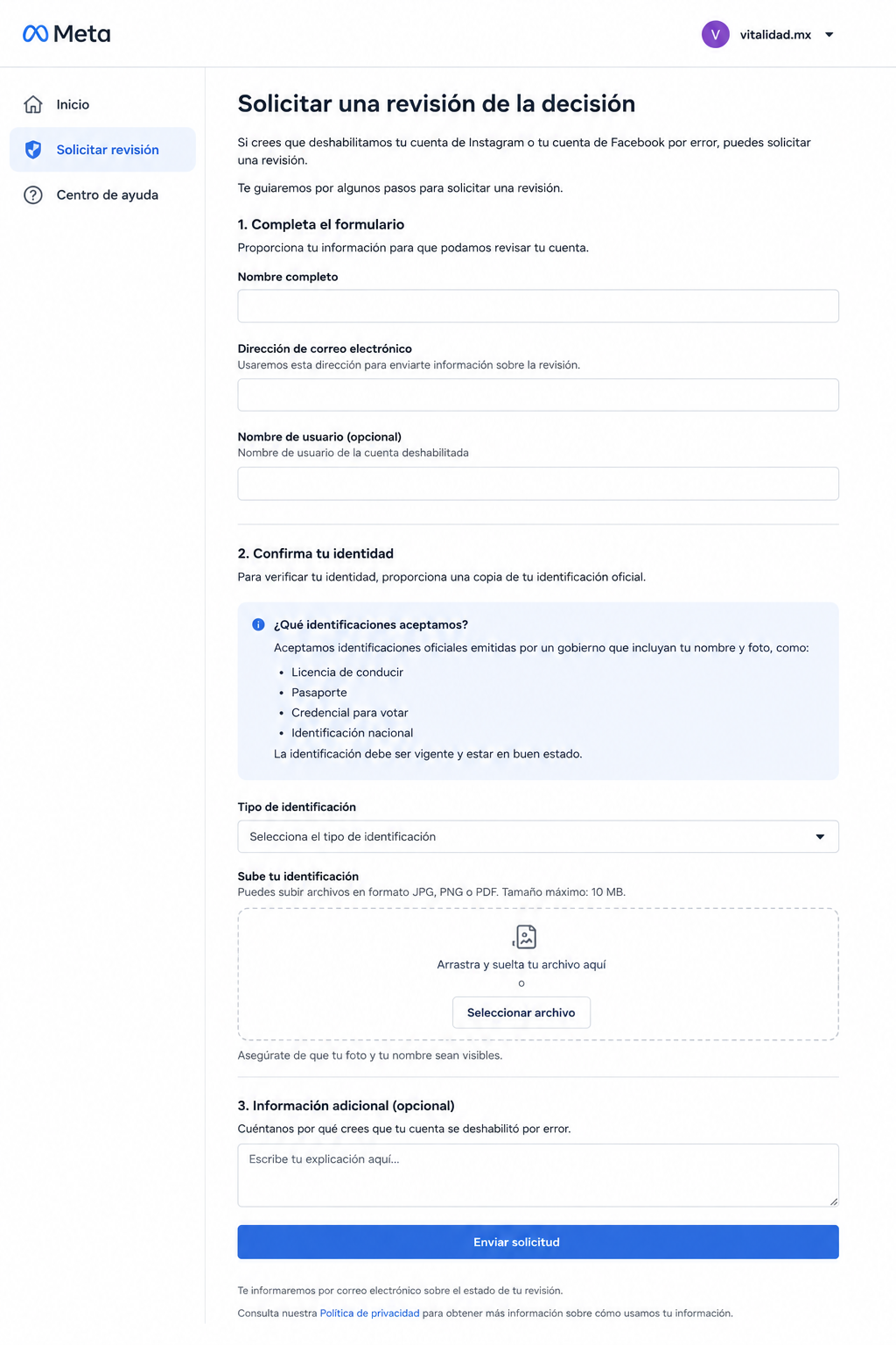 Captura de pantalla del formulario de apelación de Meta pidiendo identificación oficial